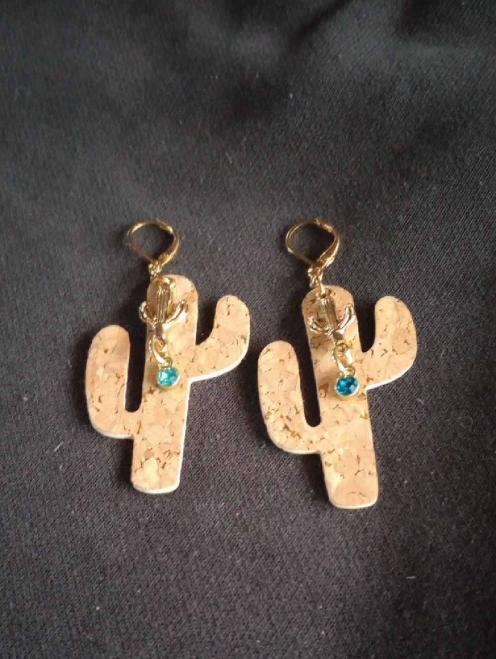 Hand Crafted Cork Cactus Earrings with Blue Gem